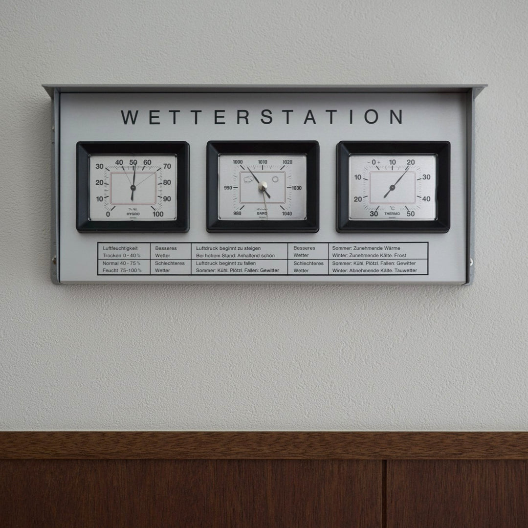 左：湿度　中央：気圧　右：温度　
※電池不要 / 壁付け用